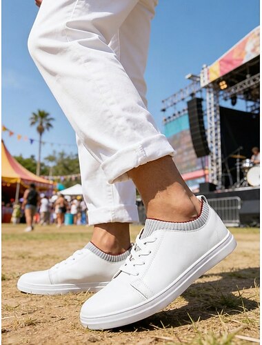  Vita låga sneakers för herr, musikfestivalskor med snörning, minimalistiska komfortskor för konserter, streetwear, vardagskläder