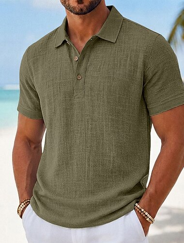  Herren Leinenhemd Poloshirts Lässig Urlaub Klassisch Kurzarm Mode Einfarbig Einfach Knöpfe Sommer Frühling Normale Passform Weiß Schwarz Hellgrün Marineblau Khaki Grau Leinenhemd