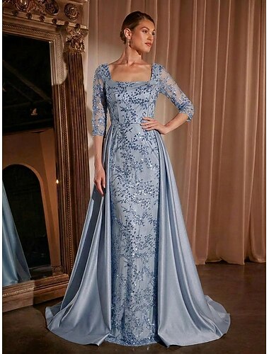  A-Linie Bodenlang Ballkleid mit Cape Abendkleid Elegant Glitzernd Glitzern Langarm Quadrathals Abschlussball Hochzeit Satin Tüll mit Glitzer Paillette Perlenbestickt