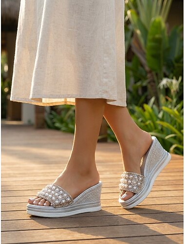  Per donna Vacanza Resort all'aperto Strass Perle Zeppa Punta Tonda Vacanza Finta Pelle Mocassino Argento Rosa Oro
