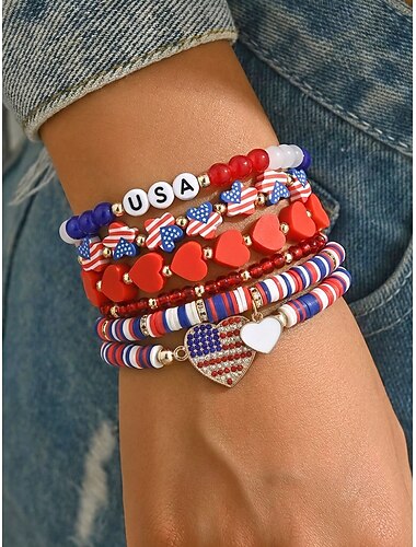  Conjunto de pulseras patrióticas de capas para mujer, pulseras apilables de arcilla suave de varios estilos, rojo, blanco y azul, joyería festiva del 4 de julio de Estados Unidos, 250 piezas para