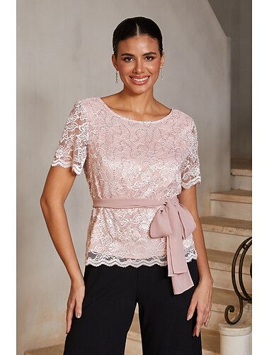  Femmes Hauts Chemisiers Col Rond Manche Courte Élégant Décontracté Quotidien robe demoiselle d honneur avec Dentelle à paillettes Ceinture Rose poussiéreuse