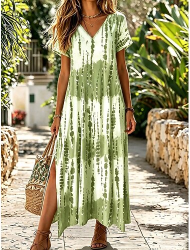  Damen Midikleid Shiftkleid Lässig Lässiger Schnitt Grafik Abstrakt Kurzarm V Ausschnitt Blau Rosa Grün Sommer Frühling