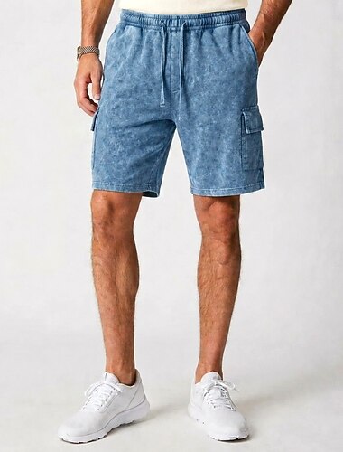  Pantaloncini cargo da uomo con lavaggio acido - vita elasticizzata con coulisse - blu