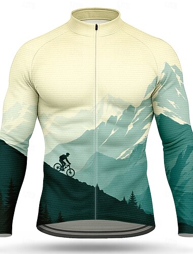  Herren Radtrikot Landschaft Langarm Fahhrad Jacke T-Shirt Trikot mit 3 Gesäßtaschen UPF 50 Reflektierend Sonnenschutz Schnelltrocknend Sport Rote Blau Orange Bekleidung