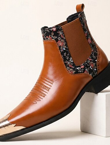  Botas Chelsea masculinas marrons – botas de cano curto com painel floral, calçado de grife estilo western para festas, shows, casamentos e vida noturna.
