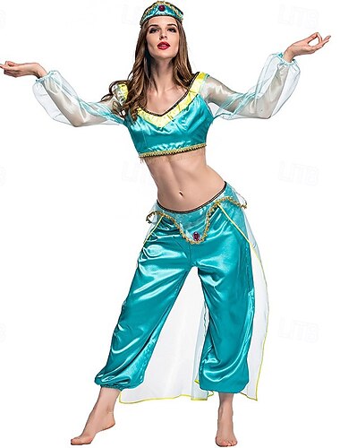  Costume de cosplay Costume de danse du ventre Princesse Jasmine Déguisement Sexy Adulte Femmes Carnaval Mardi Gras Semaine du livre Carnaval Soirée Se déguiser