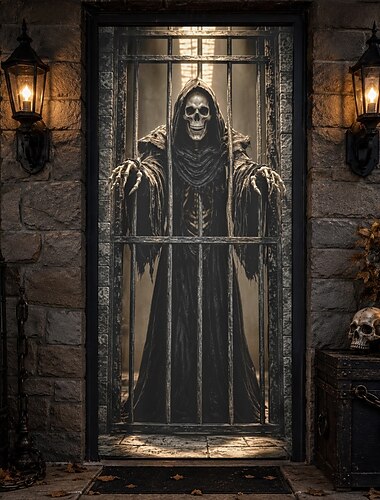  Cubierta de puerta de Halloween, pancarta de puerta de prisión con esqueleto, ilusión 3D de la Parca tras las rejas, fondo de puerta de entrada aterrador, decoración de entrada para fiesta de casa