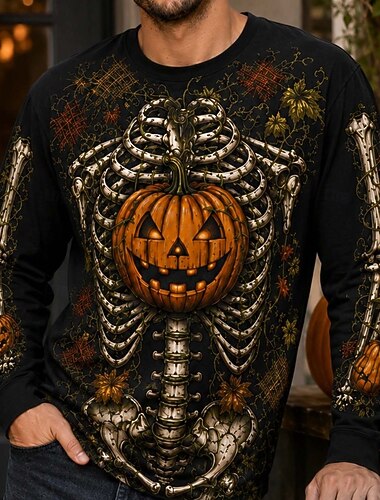  Halloween Chemise squelette T-shirt T-shirt graphique Squelette de citrouille Lanterne Jack O'Lantern Gothique Rétro Vintage street style Manches longues Col ras du cou pour Homme Adulte Impression 3D