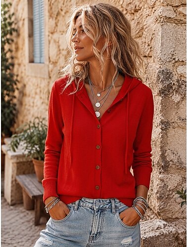  Damen Strickjacke Täglich Mit Kapuze Patchwork Knöpfe Gestrickt Langarm Lange Oberteile Stricken Täglich Heim Weiß Hellblau Herbst Winter