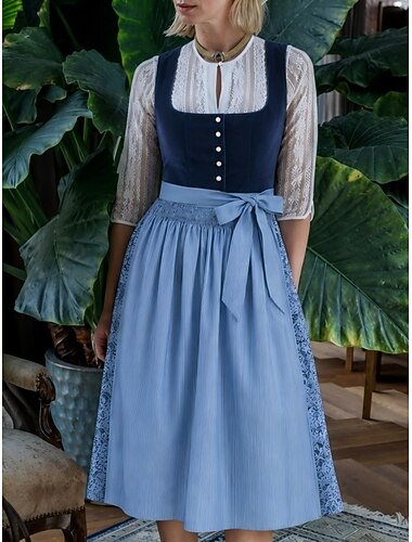  Октоберфест Платье Dirndl Длина миди С карманами Вырез-балконет Немецкий Альпийский Наследство Луга Жен. Карнавал Фестиваль пива Ткань в традиционном стиле