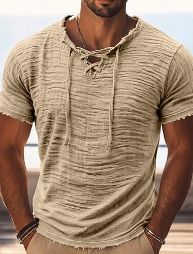 Miesten T-paita Puuvillainen T-paita Lyhythihainen Lace Up Neck Kesä Kevät Kaikki vuodenajat Yhtenäinen väri Tavallinen Pintakäsitelty Loma Vintage Urheilu Raw Edge Kausaliteetti Koti ulko- Valkoinen
