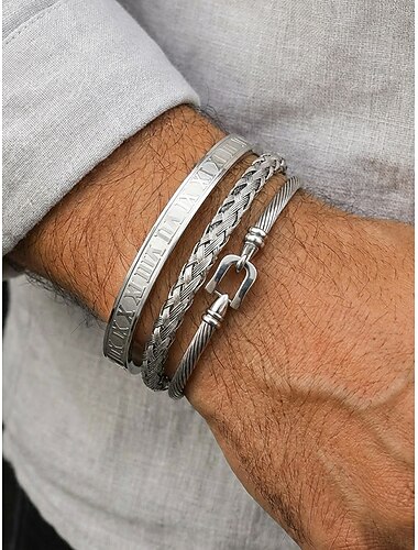  3-teiliges Herren-Armbandset aus Edelstahl mit offener Manschette, römischen Ziffern, geflochten &Kabel-Styles in Gold, Silber oder Schwarz – für Freizeit, Reisen, Partys und als Geschenk