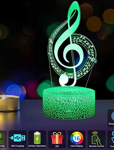  音符型ナイトライト3Dランプ、リモコンタッチセンサー付き、16色変化モードタイマー、音楽好きへの装飾ギフト
