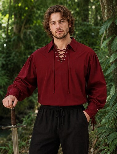  Medieval Renaissance Shirt Warrior Knight Ritter Viking Celtic Knight Ranger Drawstring Solid Colored Fancy Dress Men's Celtic Pirate Halloween Masquerade Performance Stage Renaissance Fair Teen