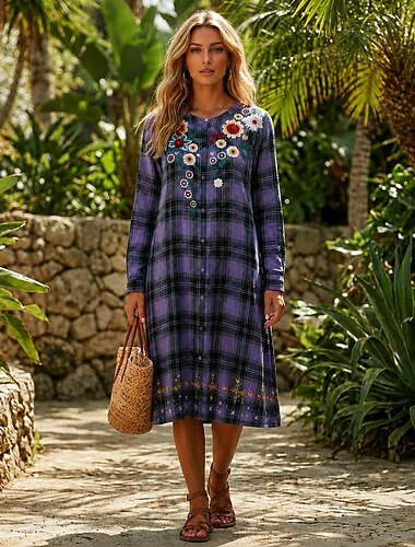  Vestido midi bordado para mujer, vestido recto, caftán, vestido de corte A, vestido de vacaciones, fiesta, estilo boho, diario, oficina, playa, corte regular, estampado floral, manga larga, cuello