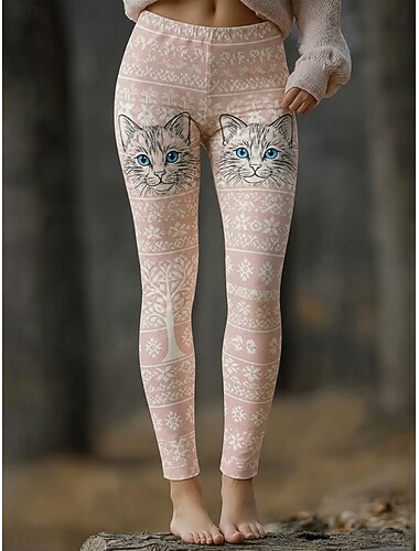  Damen Leggings Gemütliche Leggings Urlaub Vintage Ethno-Stil Volle Länge Hohe Taille Grafik Katze Drucken Bequem Dehnbar Lässig Täglich Urlaub Rosa Dunkelpink Frühling Herbst Schmale Passform