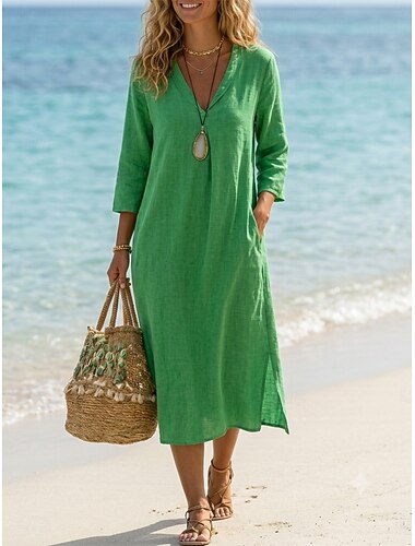  Femmes Robe Midi Robes en lin Occasionnel Quotidien Coupe Ample Couleur Unie Manche 3/4 Col en V Bleu Jaune Vert Automne