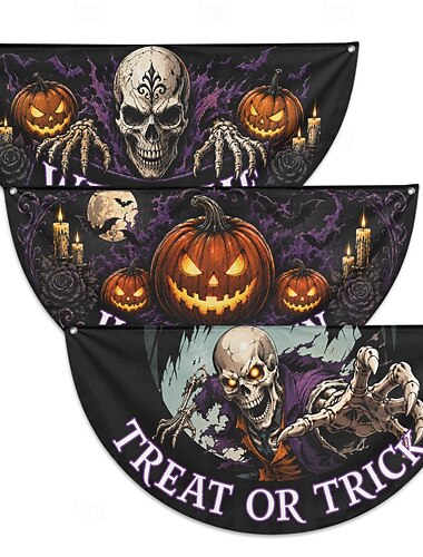  Halloween halvrunde flaggstativer sett med 3 hodeskaller gresskar skjelett assorterte design utendørs veranda rekkverk gjerde hjemsøkt hus festdekorasjoner
