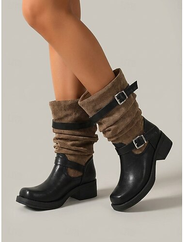  Dames zwarte en bruine slouchy halfhoge laarzen met kinband - biker motorlaarsjes met dubbele gesp en lage blokhak, perfect voor muziekfestivals, streetstyle en dagelijks gebruik.