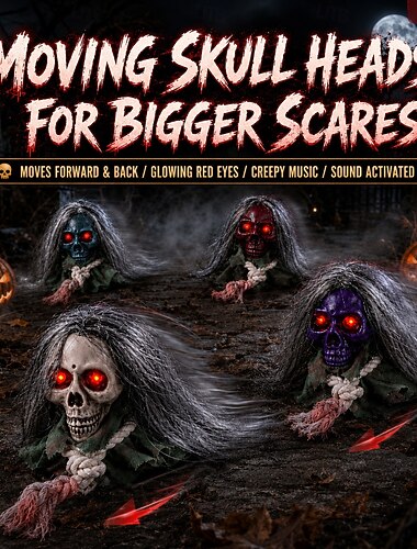  Têtes de mort animées rampantes pour Halloween 2026, squelette factice activé par le son avec des yeux rouges brillants &Musique angoissante, décoration intérieure pour une fête sur le thème d'une