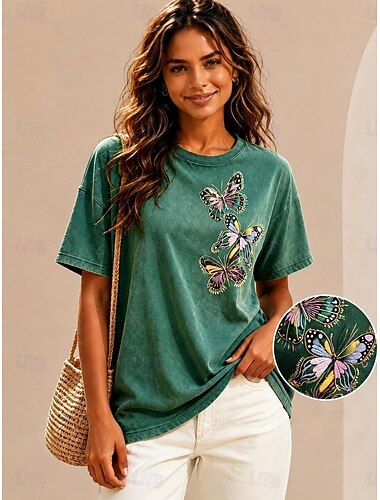  Camiseta de algodón 100% bordada para mujer mariposa vintage clásica casual de manga corta cuello redondo Tops Regulares Casual Diaria de Fin de Semana Verde Verano Primavera