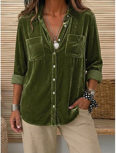  Dames Fluweel Button-down overhemd Zak Knop Effen Kleur Vintage Lange mouw Overhemdkraag Casual Leger Groen Paars Steenrood Herfst Winter