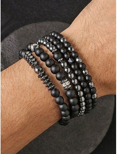  heren matzwarte steen &Set armbanden met hematietkralen, elastische boho-armbanden om te stapelen, geschikt voor casual gebruik, strand, vakantie, reizen, festivals, feesten en dagelijks gebruik.