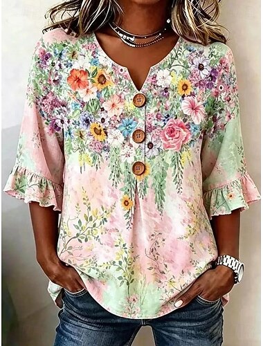  Dam Casual skjorta Summer Tops Blus Knappar Nyans Blommig Grafisk Elegant bohemliv Semester V-hals Vanliga toppar Ledigt Svart Rodnande Rosa Ljuslila Grön Sommar Vår Höst