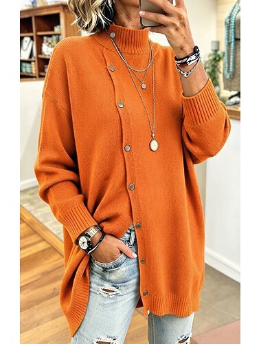  Damskie Sweter z golfem Sweter Rozpinany Sweter z dzianiny w warkocze Moda Moda miejska Codzienny Jednokolorowe Prążkowany Kable Golf Guziki Długi rękaw Długie topy Robić na drutach Codzienny Dom