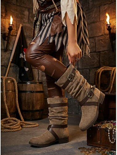  khaki pirat-kvinders løssiddende støvler med mid-legg-mønster og vintage bronze metalspænderem &Kontrast brun kunstlæderbeklædning, cosplay kostumestøvler til renæssance middelalderlig piratfest