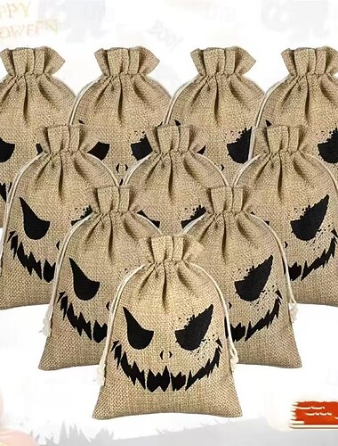  12/24 pezzi sacchetti di iuta con coulisse a forma di zucca di Halloween con stampa di zucca diabolica - adatti per dolcetto o scherzetto, bomboniere e sacchetti per caramelle, compatibili per l'uso