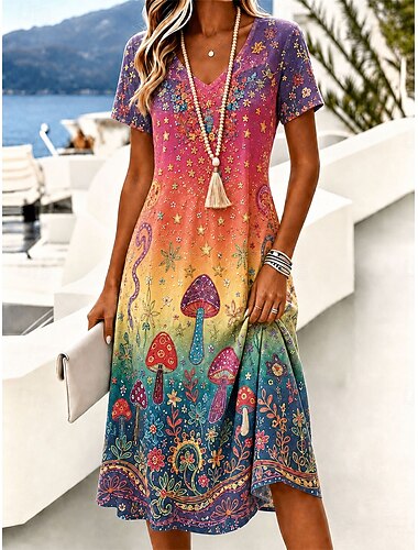  Per donna Abito Midi Vestito T-Shirt Abito a trapezio Elegante Vacanza Tropicale Spiaggia Vestibilità regolare Ombre Floreale Grafico Manica Corta Scollo a V Blu Giallo Rosso Verde Estate Primavera