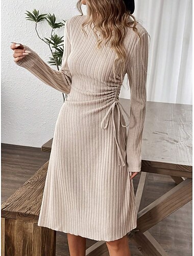  Damen Knielanges Kleid Pulloverkleid Strickkleid A Linie Kleid Elegant Klassisch Täglich Büro Urlaub Schlank Einfach Langarm Rundhalsausschnitt Aprikose Herbst Winter