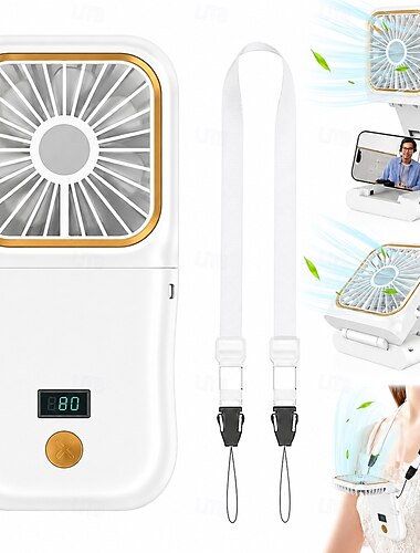  Handventilator, draagbare, opvouwbare mini-nekventilator met led-display &Powerbank, 180° opvouwbare persoonlijke ventilator met telefoonhouder, USB-oplaadbare handsfree kleine zakventilator voor op