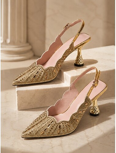  Goldene Strass-Slingback-Pumps für Damen, luxuriöse, spitz zulaufende, skulpturale High Heels für Abendessen, Cocktailpartys und Hochzeiten &formelle Veranstaltungen