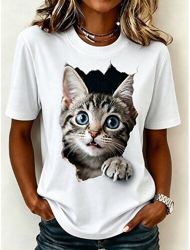  Dames T-shirt Kleurenblok Afdrukken Grafisch dier Kat Vintage Stijlvol Klassiek Korte mouw Strakke ronde hals Normale tops Casual Dagelijks blauw Wit Blozend Roze Zomer Lente