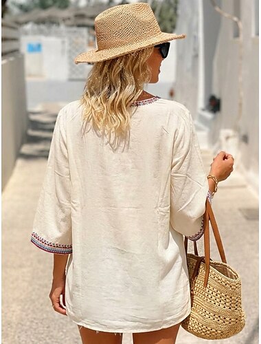  Dames Geborduurde 100% Katoenen Shirt Boho Shirt Bloemige Bohemia Vakantie Etnisch Casual Dagelijks Vakantie Beige Zomer Lente Herfst