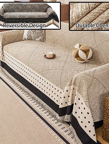  Boho-Vintage-Sofaüberwurf aus Chenille mit geometrischem Muster, gestreifter Sofabezug mit Rautenmuster und Quasten, waschbarer, kratzfester Möbelschutz für das Wohnzimmer