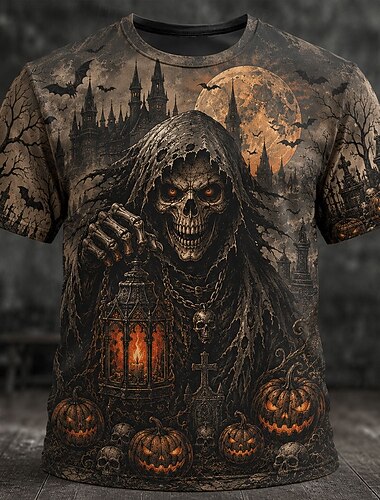  Halloween Herren Schädel Optische Täuschung T Shirt Kurzarm T-Shirt 3D-Druck Rundhalsausschnitt Hemd Übertrieben Designer Horror Club Party Straße Schwarz 1 Schwarz 3 Schwarz 2 Sommer Frühling
