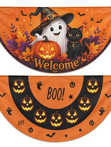  Halloween halvrunde flaggstativer sett med 2 velkomstspøkelse svart katt gresskar boo utendørs veranda rekkverk gjerde festdekorasjoner