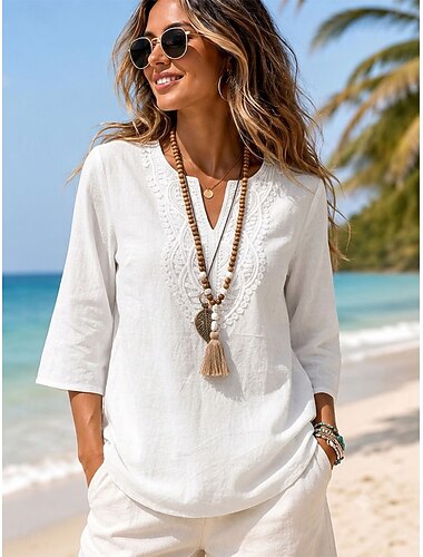  Dame Skjorte Boho skjorte Blondeskjorte Blonde Helfarge عادي Bohem Ferie Tropisk 3/4 ermer V-hals Lange topper Avslappet Strand Blå Hvit Kakifarget Sommer Vår Høst
