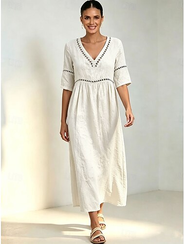  Mulheres Vestido midi Vestido A Line Casual Ao ar livre Praia Para Noite Normal Tecido Manga 3/4 Decote V Azul Branco Azul Real Verde Verão Primavera