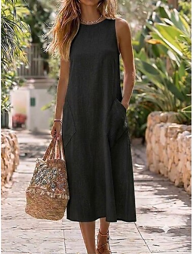  Damen Midikleid Sommerkleid Weißes Kleid Weißes Baumwollkleid Urlaub Lässig Fließend Lässiger Schnitt Einfach Ärmellos Rundhalsausschnitt Blau Weiß Schwarz Sommer Frühling