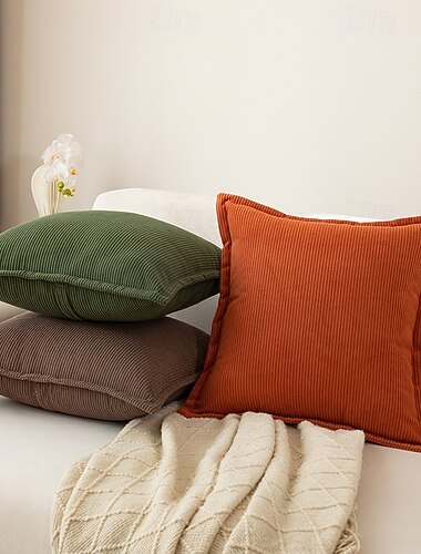  Weiches, quadratisches Dekokissen aus Cord mit Füllung, einfarbig gestreiftes Sofakissen, minimalistisches Akzentkissen für Sofa und Bett & Büro
