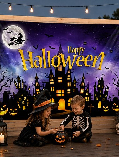  Fondo de Halloween, feliz Halloween, casa embrujada, tapiz de pared, luna, murciélago, noche, fondo exterior, colgar en la pared para patio, jardín, porche, cerca, fiesta infantil, decoración de