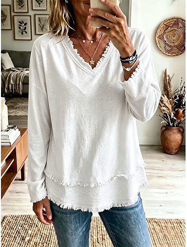  Damen T Shirt Fransen Täglich Langarm V Ausschnitt Normale Oberteile Lässig Outdoor Streetwear Blau Weiß Schwarz Gelb Rosa Herbst Winter