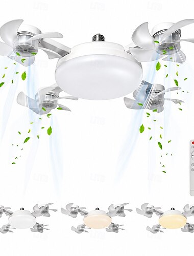 Takfläkt med sockel och lampa, e27 skruvmonterad drönarfläktlampa med fjärrkontroll, tyst takfläkt med 3 hastigheter och 4 fläkthuvuden, dimbar 19,6" vikbar LED-fläktlampa i 3 färger för sovrum, kök,