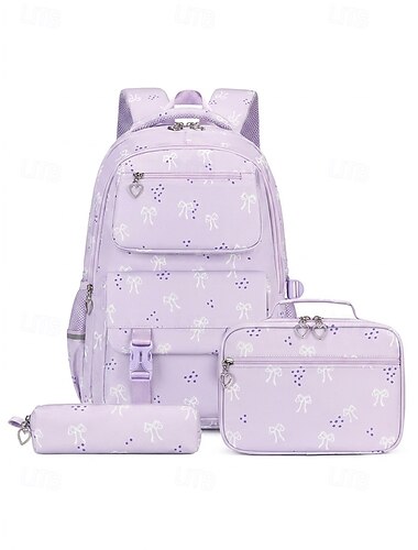  Set di zaini da bambina con stampa a fiocco, borsa scolastica in poliestere resistente all'acqua in 3 pezzi, disponibile in vari colori, zaino capiente con scomparti multipli e borsa per il pranzo.