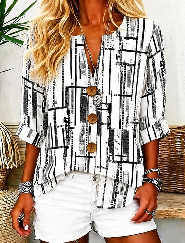  Dames Overhemd Afdrukken Grafisch Geometrisch Gestreept Elegant Vintage Stijlvol Lange mouw Halve mouw V-hals Lange tops Casual Dagelijks Feestdagen Wit Bruin Zomer Lente